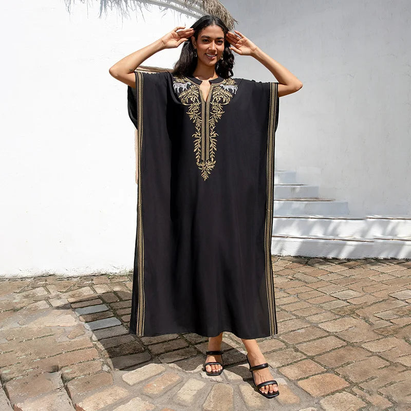 Embroidery Black Women Cover-ups  Loose Fitting Long Robe Beach Vacation V-neck Sunscreen Clothing Kaftan