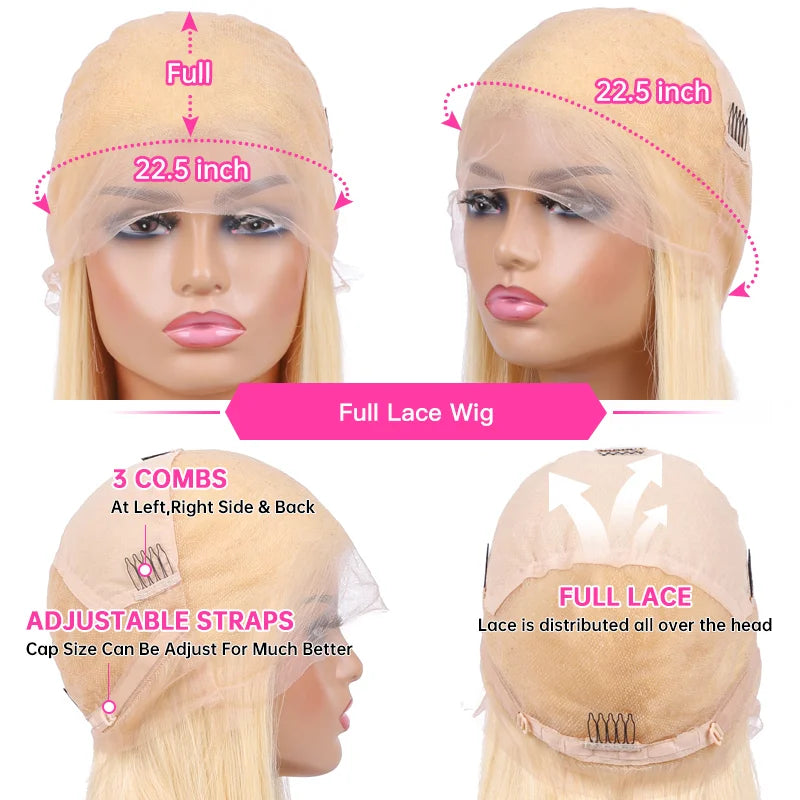 613 Full Lace Wig Straight Blonde 360 Full Lace Human Hair Wig  Brazilian Transparent 13x6 Lace Front