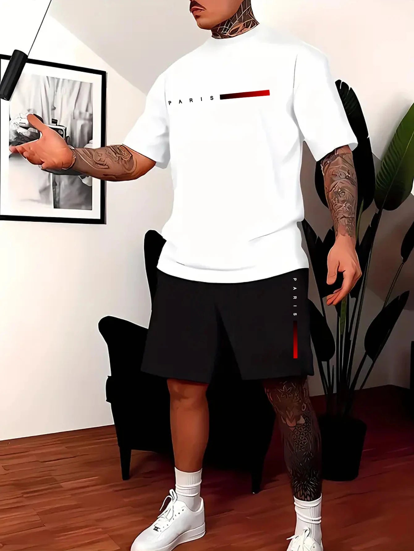 Short-sleeved shirt and shorts summer men's suit simple fitted T-shirt letter print with the same printed shorts two-piece set