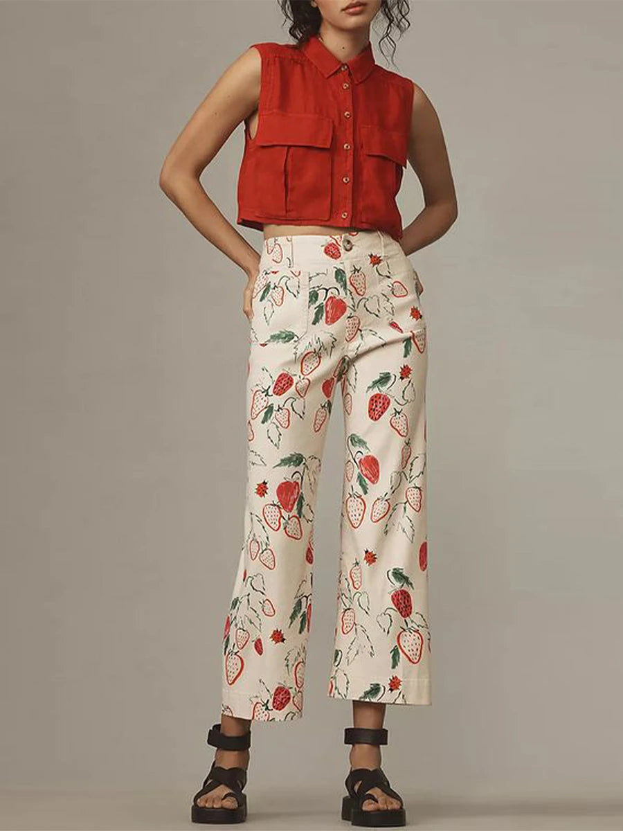 Women High Waisted Wide Leg Denim pants with Fun Floral Print Detailing for Chic Office and Street Style Wear