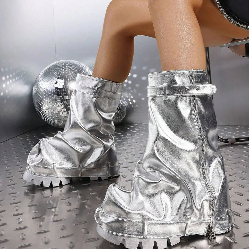 Fold Over Boots Chunky High Heels Mid Calf Platform Punk Gothic Fashion