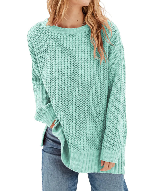 Womens Solid Knit Sweaters Oversized Crew Neck Long Sleeve Slouchy Ribbed Knitwear
