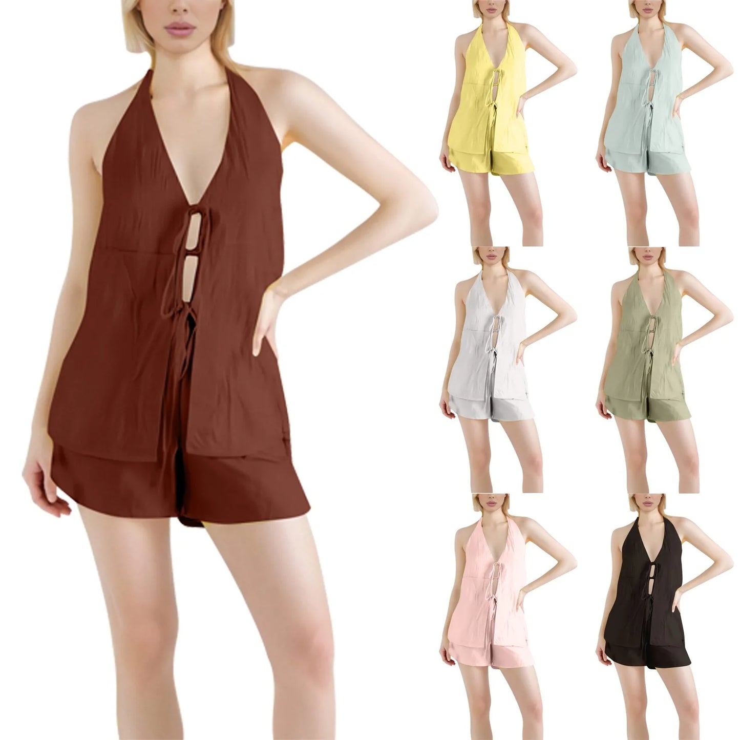 Solid Color Two Piece Sets Women Summer Sleeveless Vest Crop Tops + Shorts Suit Female Casual Vacation Beach Outfits
