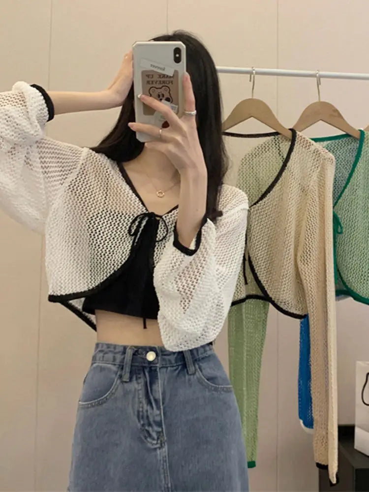 Sun Dried Knitted Cardigan for Women's Spring Thin Design Short Hollow Lace Up Long Sleeved Top