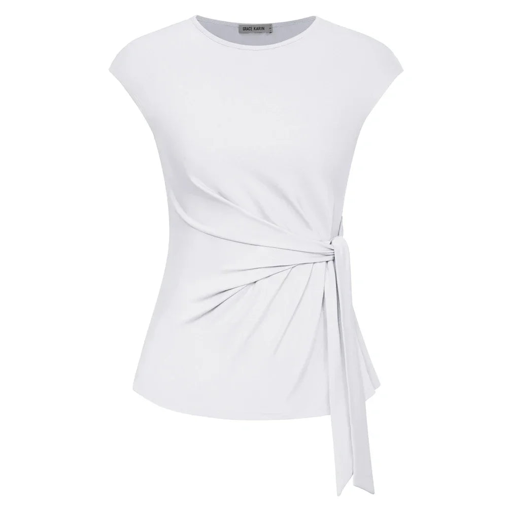 Front Bow Knot  Cap Sleeve Crew Neck Pullover