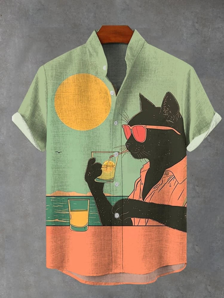 Printed Breast Pocket Cotton Linen Short Sleeve Shirt  Loose Versatile Casual Sports Summer Men