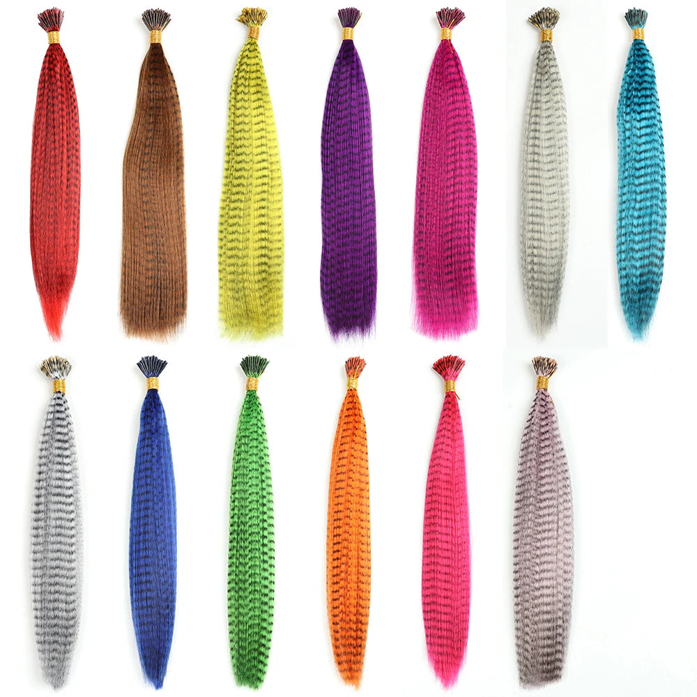 Feather Hair Extension 10Pieces Fake Hair I Tip Rainbow Synthetic Hair 16inch Hairpiece Feather for Hair Extension