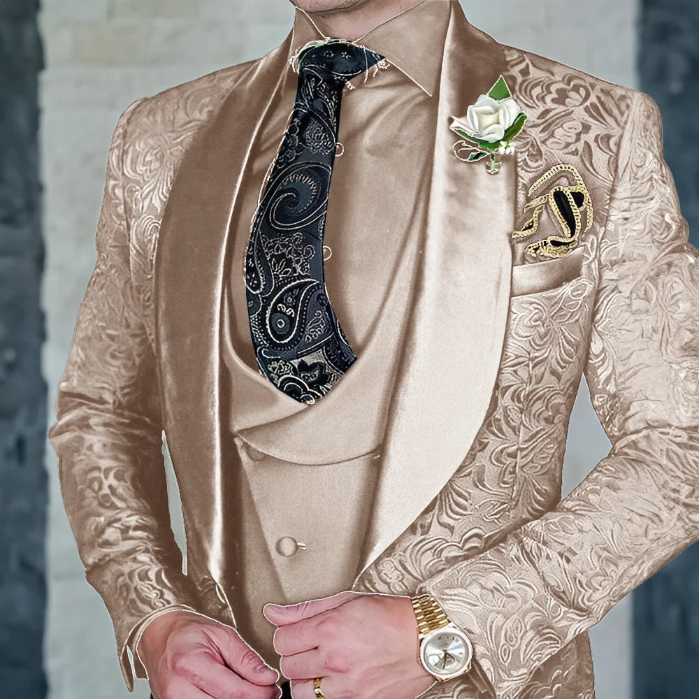 Jacquard Men's 3-piece Suit Set Formal Party Dress Groom's Tuxedo High Quality Elegant Men's Customized Outfit