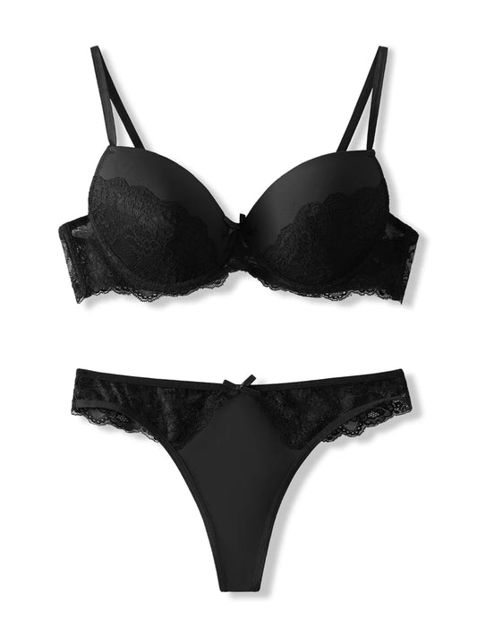 Sexy Lace Push up Bra and Panty Set with Underwire Support and Elastic Briefs - 2 Piece Lingerie Ensemble