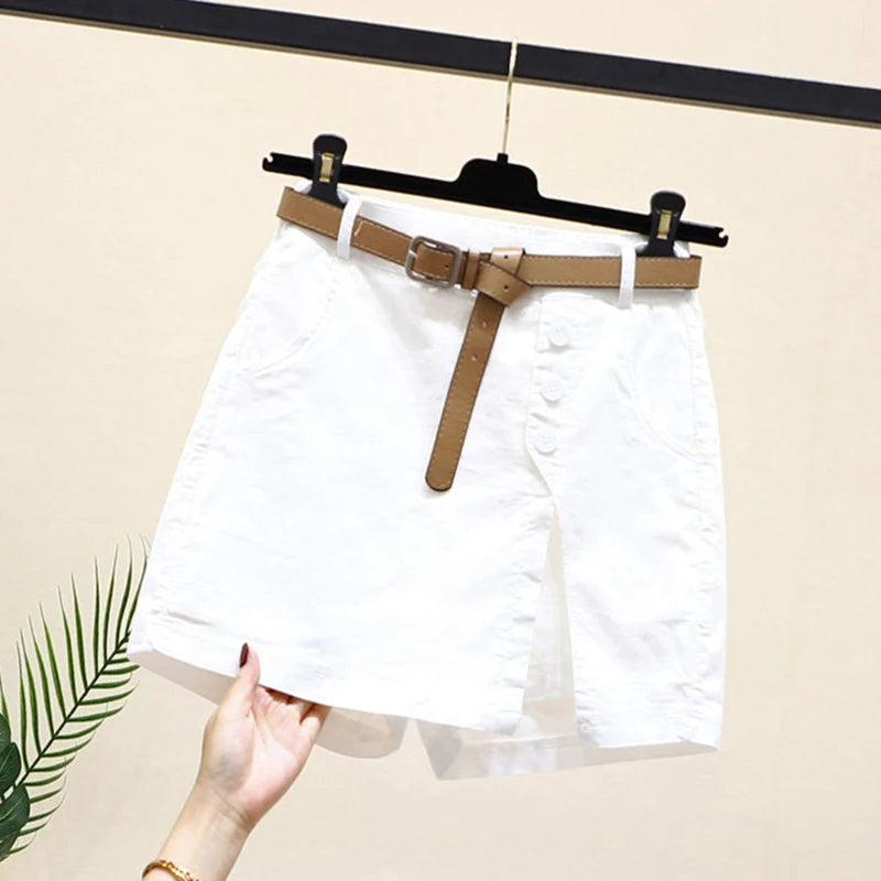Chic Shorts Women Belt Solid Buttons Side Slit A-line Streetwear Fashion Skirts Chic Summer Loose Pants