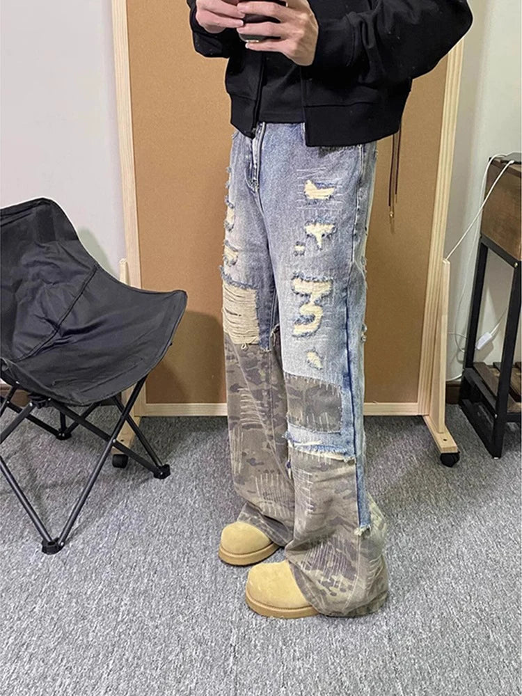 American Hip Hop Clothes Vintage Pants Design Camo Patchwork Jeans  Casual Straight Leg Pants designer clothes