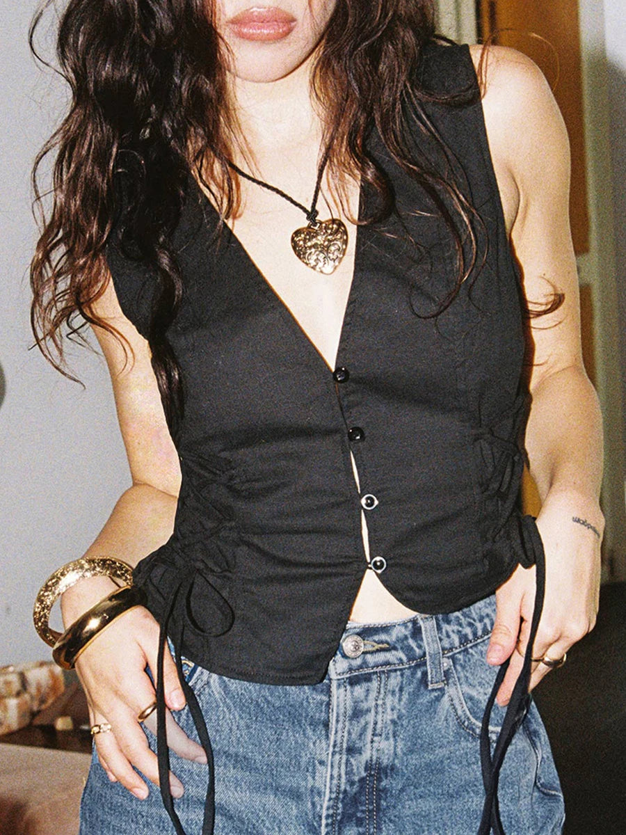 Women Summer Tank Tops Solid Color Front Button Vest Side Cross Tie-Up Waistcoat Streetwear