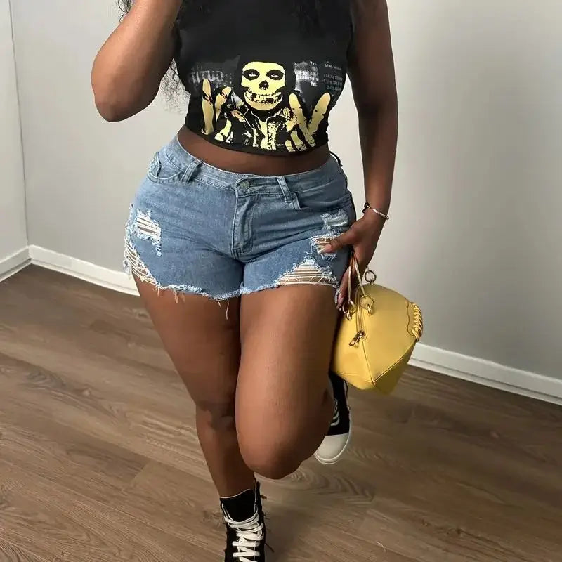 Women New Irregular Ripped Denim Shorts Elastic Fringe High-waisted Shorts Fashion Denim Shorts