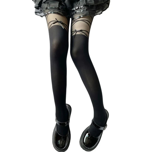 Fashion Thigh High Socks with Sheer Bow Tie Up Detail - Trendy Stockings