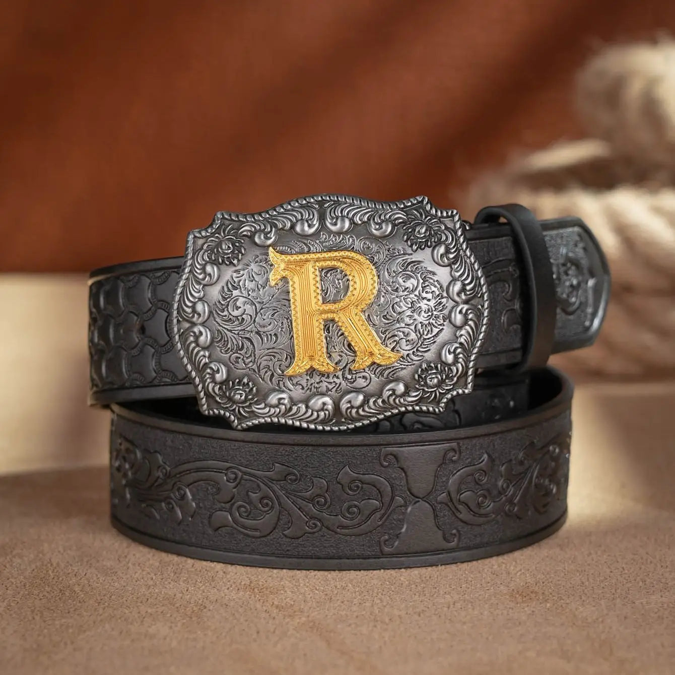 Western Cowboy PU Leather Belt  Waist Strap Bull Decoration Floral Engraved for Jeans