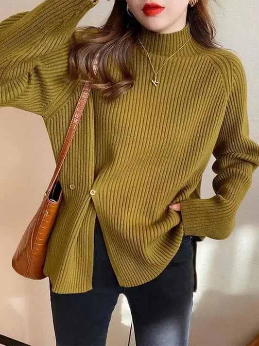 Women Sweater Pullovers Turtleneck Casual Autumn Winter Split Fork Button Chic Sweater Female  Knit Top Soft Jumper Tops
