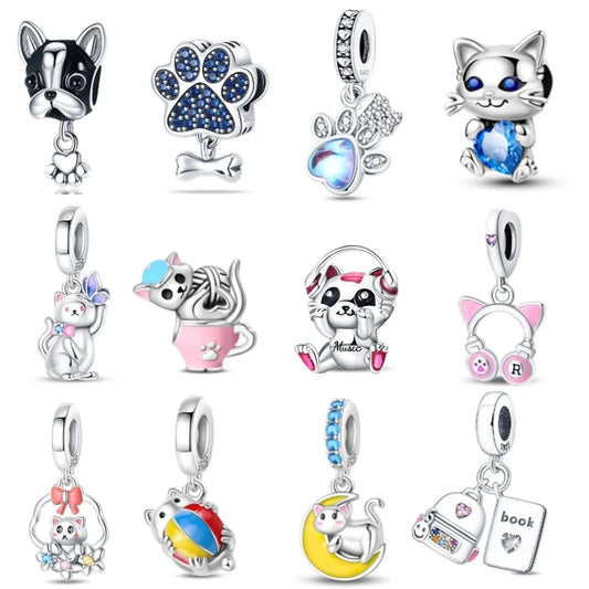 Fit Pandora Original Bracelet 925 Sterling Silver Cute Cat and Puppy Series  Charm