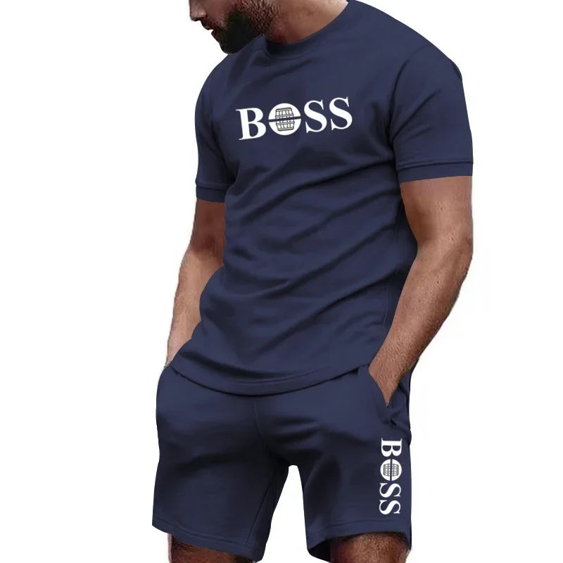 Men's two-piece sportswear, short sleeved T-shirt and pants set, running and fitness sportswear, summer