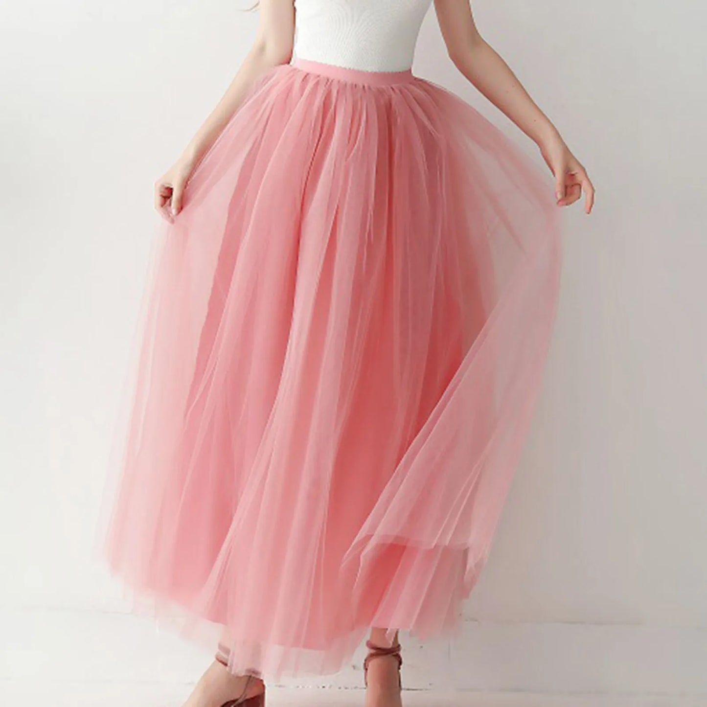 Women's Mesh Maxi Skirt Elastic High Waist Large Swing Long Skirt A Line Belt