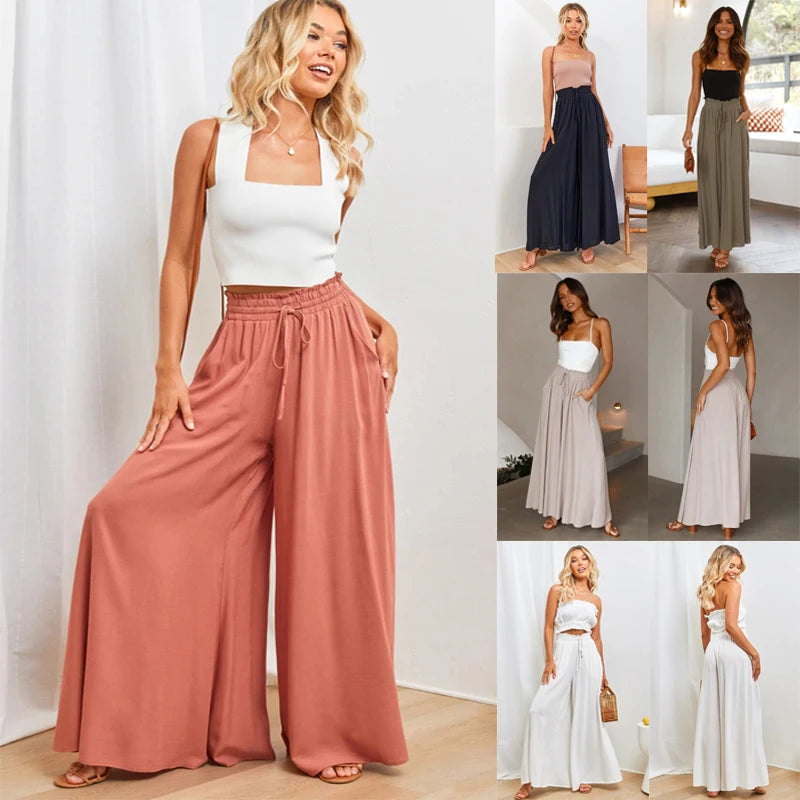 Summer Women's Wide  Leg Pants With Elastic Waistband Palazzo style pants
