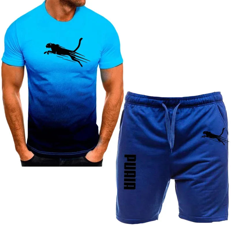 Men's sports set, casual T-shirt set and running shorts, breathable, 2 pieces