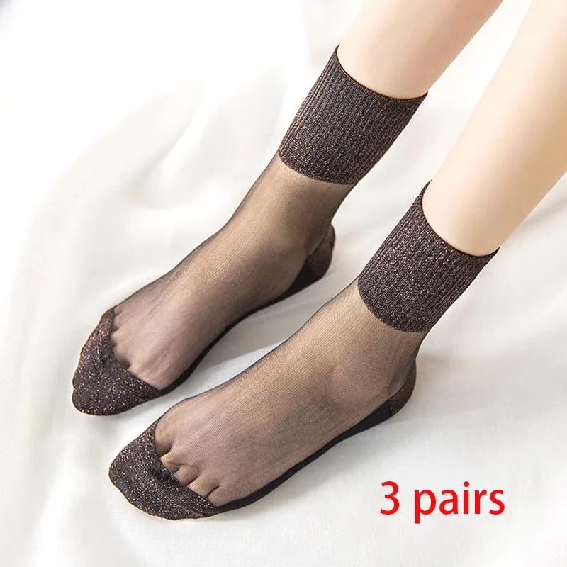 3 Pairs Spring Summer Women's Ultrathin Transparent Socks Glitter Crystal Glass Silk Socks Soft Lace Shiny Elastic Short Socks