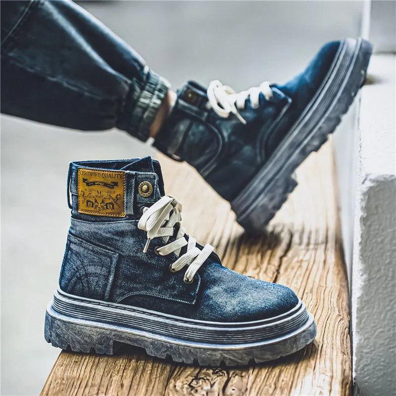Retro Blue Denim Boots Men Lace-up Platform Men's Tooling Boots Western Basic Boots Men High Top Working Shoe Men Outdoor Boots