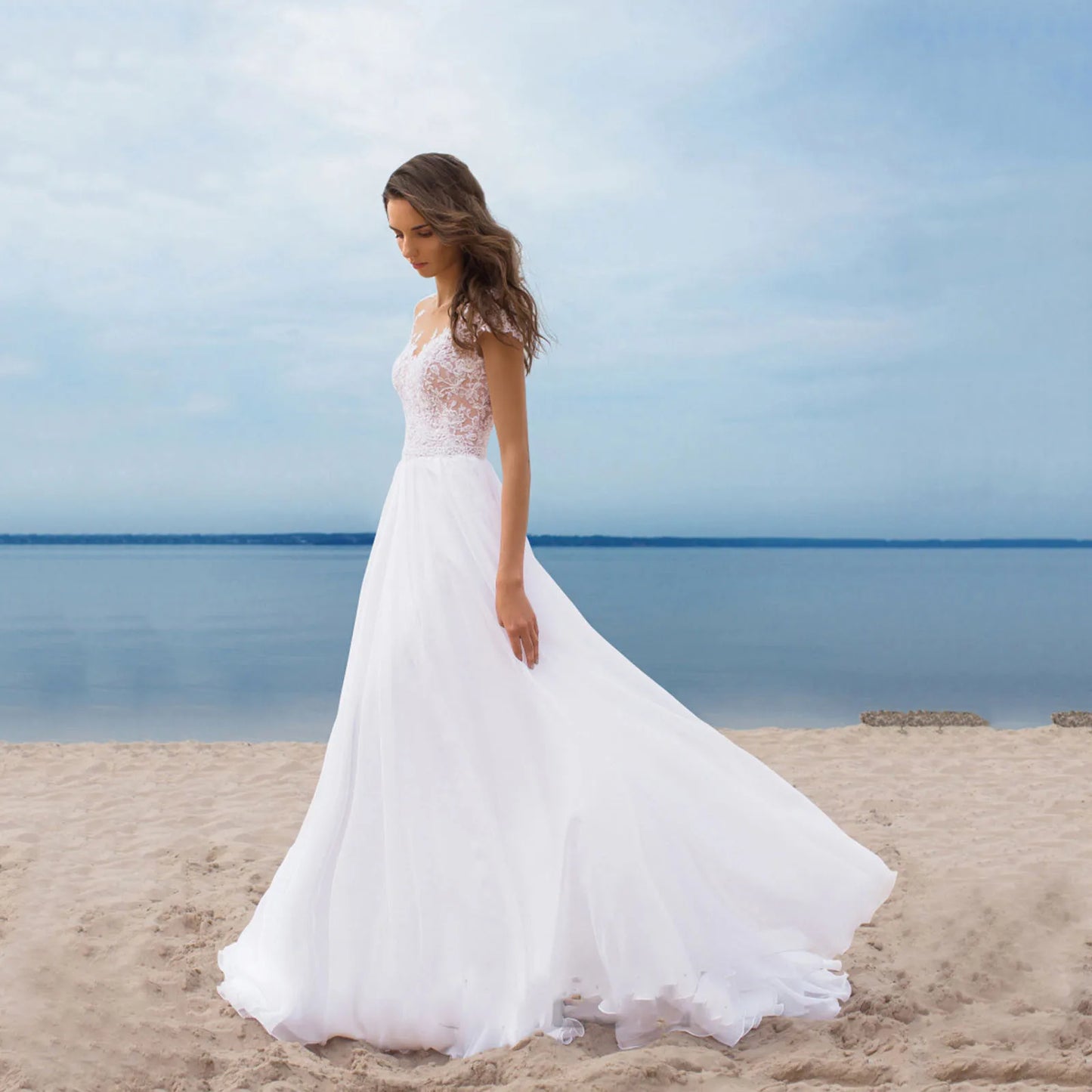 Women's Elegant Lace Backless Maxi Evening Dress Solid Color V Neck High Waist Wedding Party Sexy Bridesmaids White Dresses