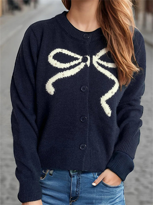 Elegant O-Neck Cardigans with Bow Embroidery and Puff Sleeves Stylish Lightweight Knitwear for Chic Street Style