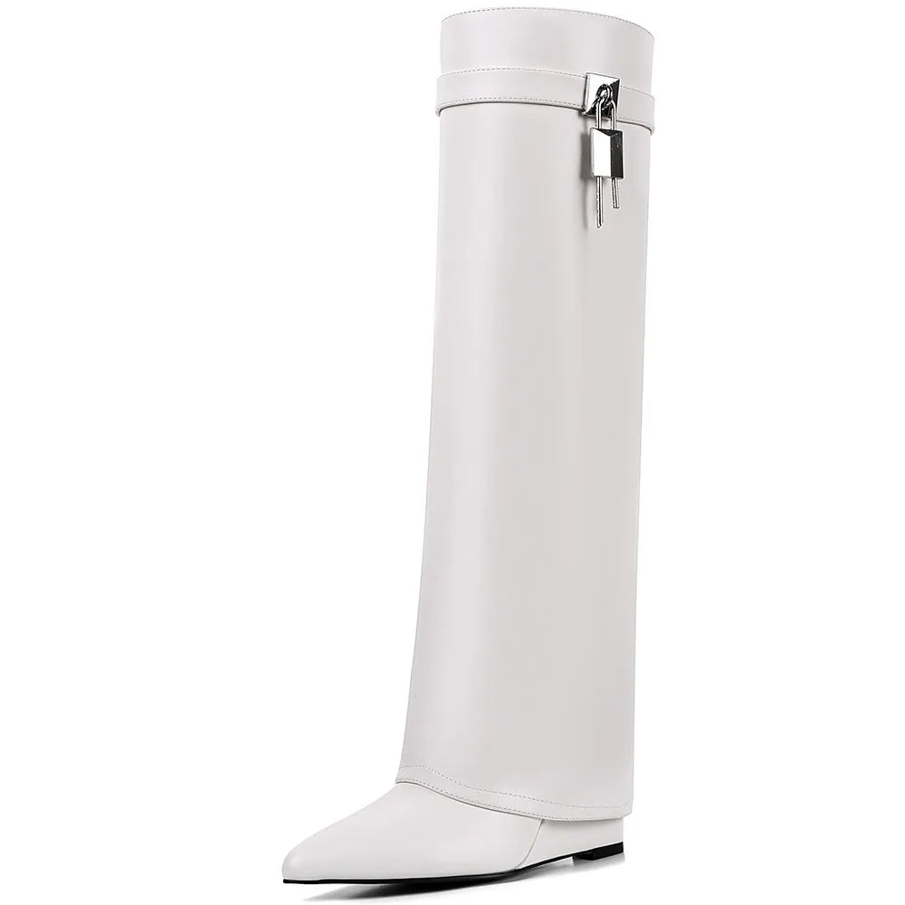 Fold Over Knee High Boots Pointed Toe High Wedges Heel Pull-on Metal Cool Fashion Shoes