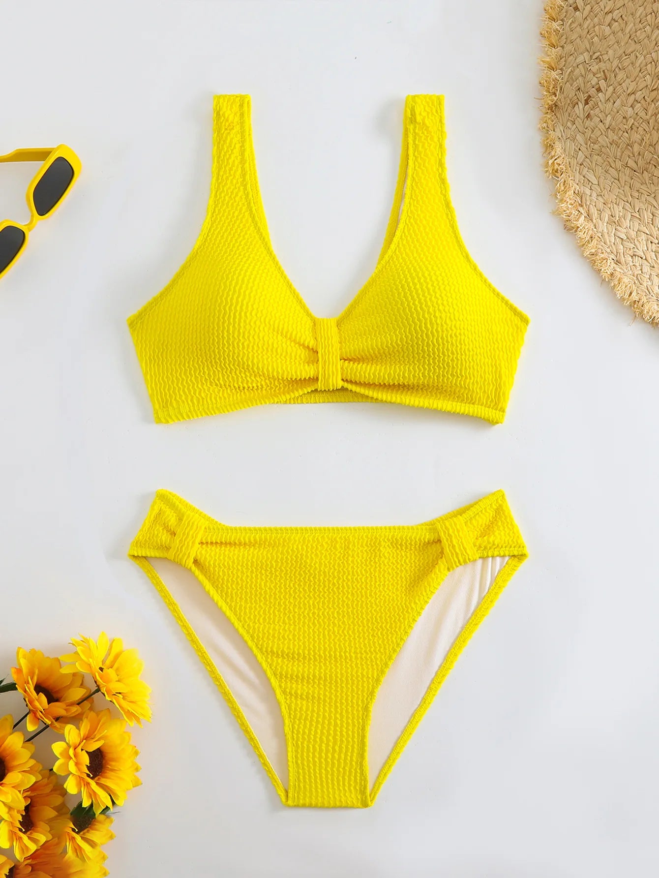Summer Women's 2 Piece Swimsuit Solid Color High Waist Bikini Set V-neck Backless Beach Vacation Bathing Suit Swimwear