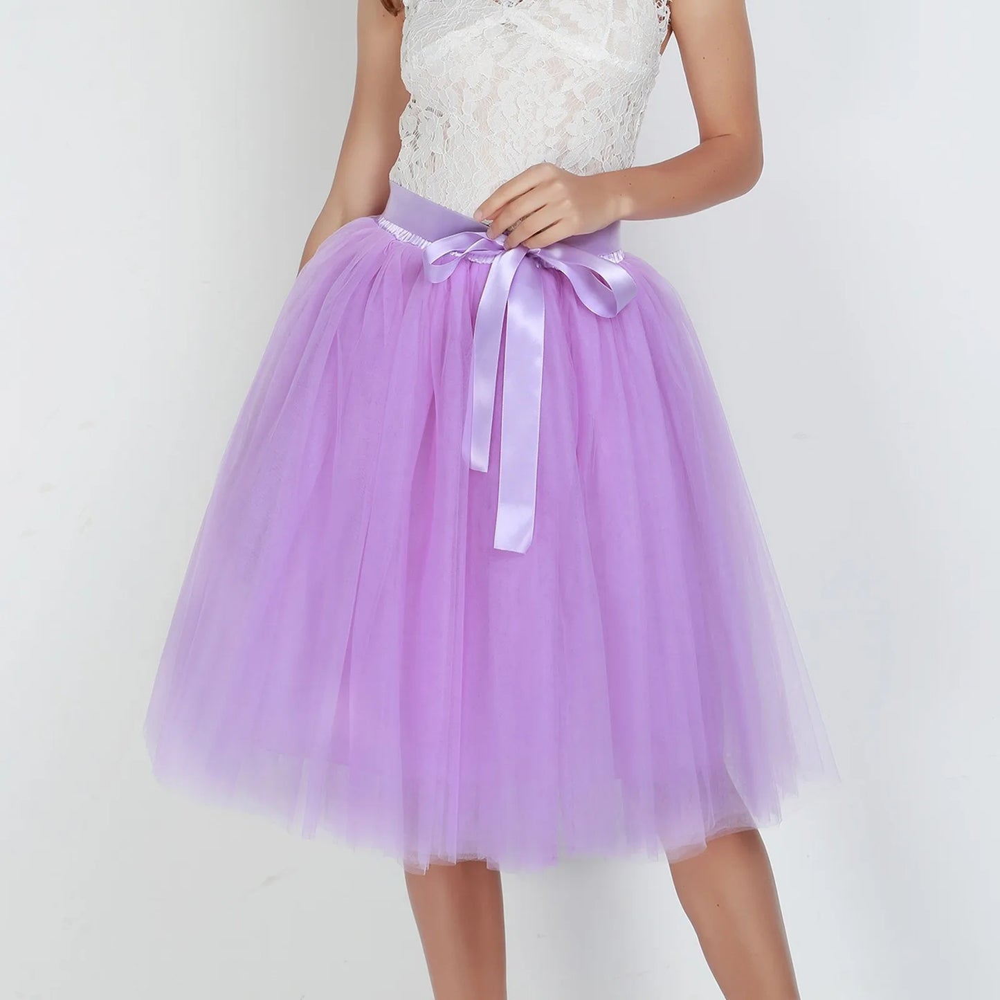 Knee Length Women A-Line Tulle Skirts Lace Up Multi Layered Tulle Petticoat Midi Skirt