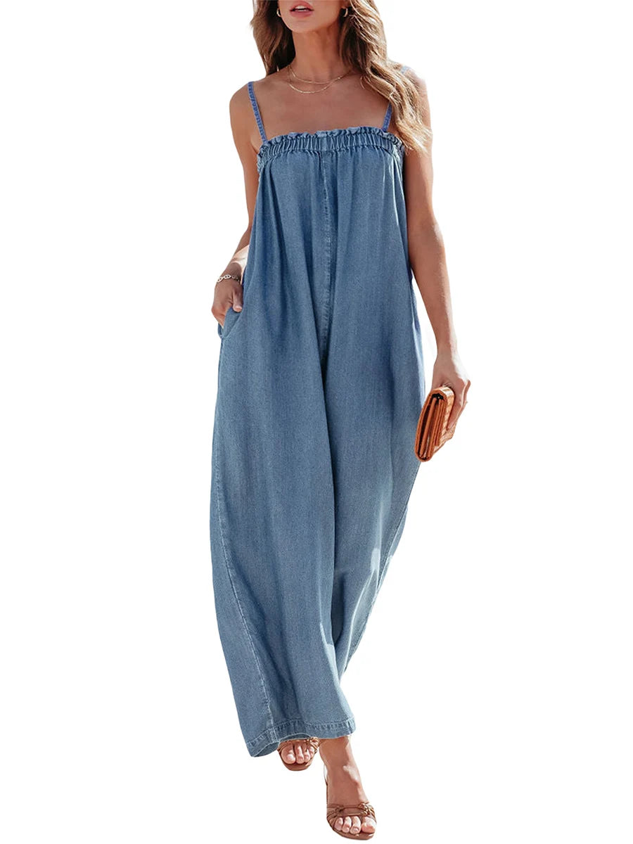 Women’s Denim Long Jumpsuit Casual Spaghetti Strap Solid Color Wide Leg Romper Pants