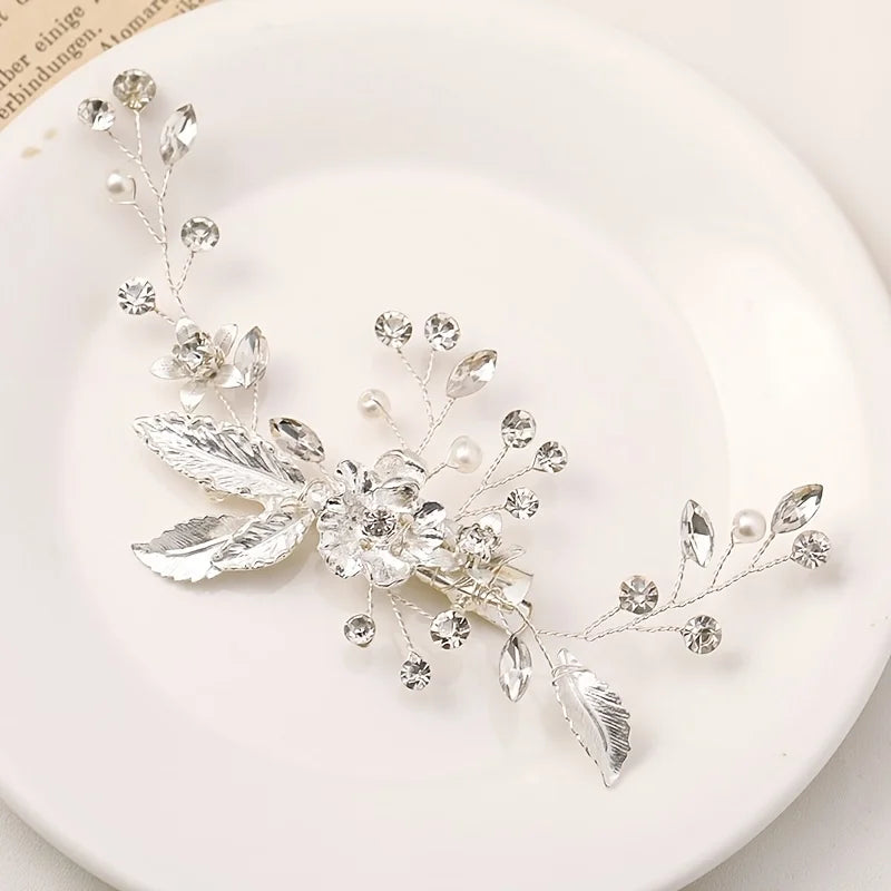 Trendy Gold Silver Color Flower Leaf Crystal Hairpin Headband Hair Accessories Headpiece Jewelry Ornaments