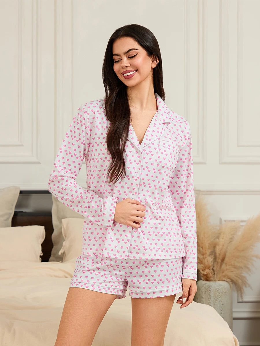 Pink Floral Print Pajama Set V-Neck Long Sleeve Button Down Top Drawstring Waist Shorts 2 Piece Lounge Outfits