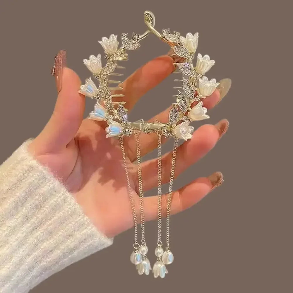Flower Tassel Hair Clip Women Ladies Butterfly Rhinestone Pearl Metal Hair Claw Round Bun Ponytail Holder Hair Accessories