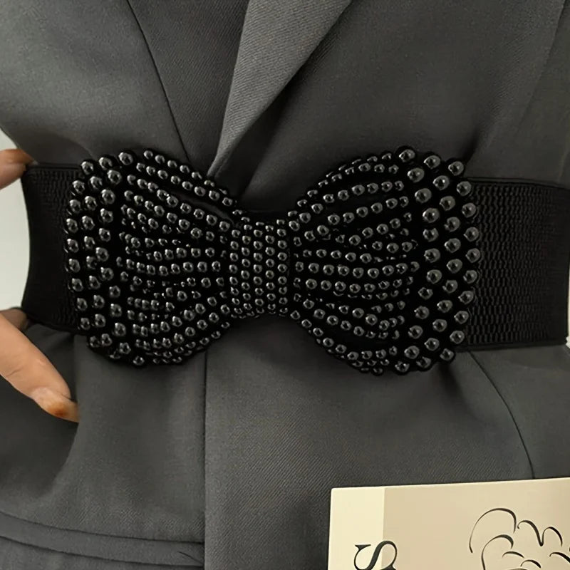 Women's Elastic Wide Belt Pearl Waist Cover Versatile Dress Decoration High Quality Wide Pearl Bow
