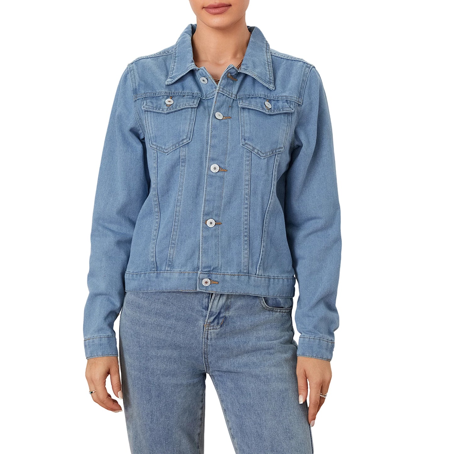 Solid Color Denim Jacket  Lapel Button Cardigan Jean Jacket  Casual Long Sleeve Short Coat