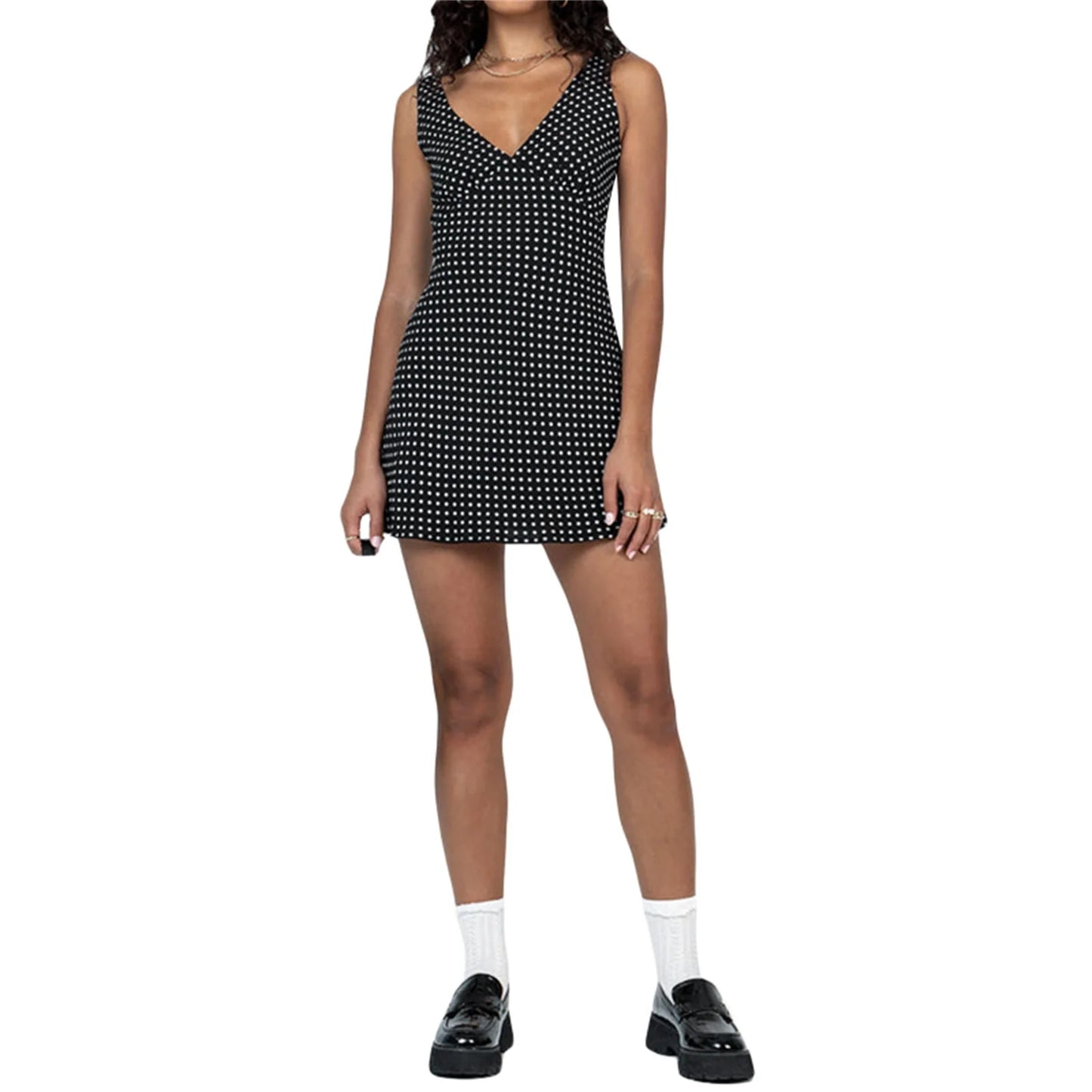 Sleeveless V Neck Dot Print Casual Dress