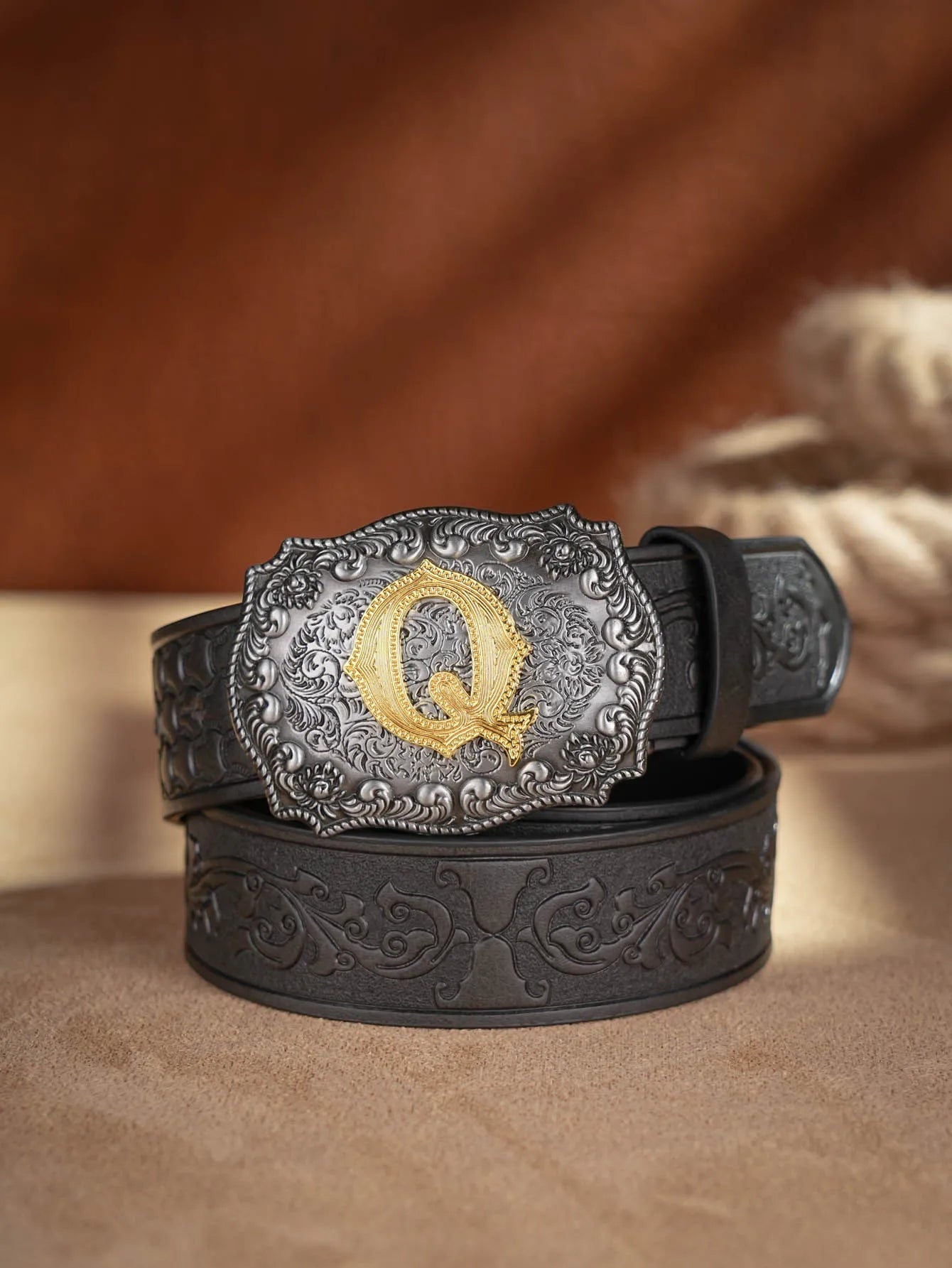 Western Cowboy PU Leather Belt  Waist Strap Bull Decoration Floral Engraved for Jeans