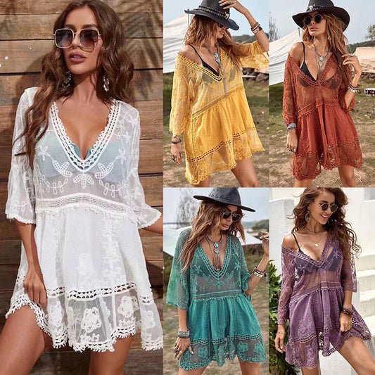 5 Colors Bikini Cover Ups Lace Beach Dress Solid Kimono For Women Free Size Sun Protection Short Sarong V-Neck