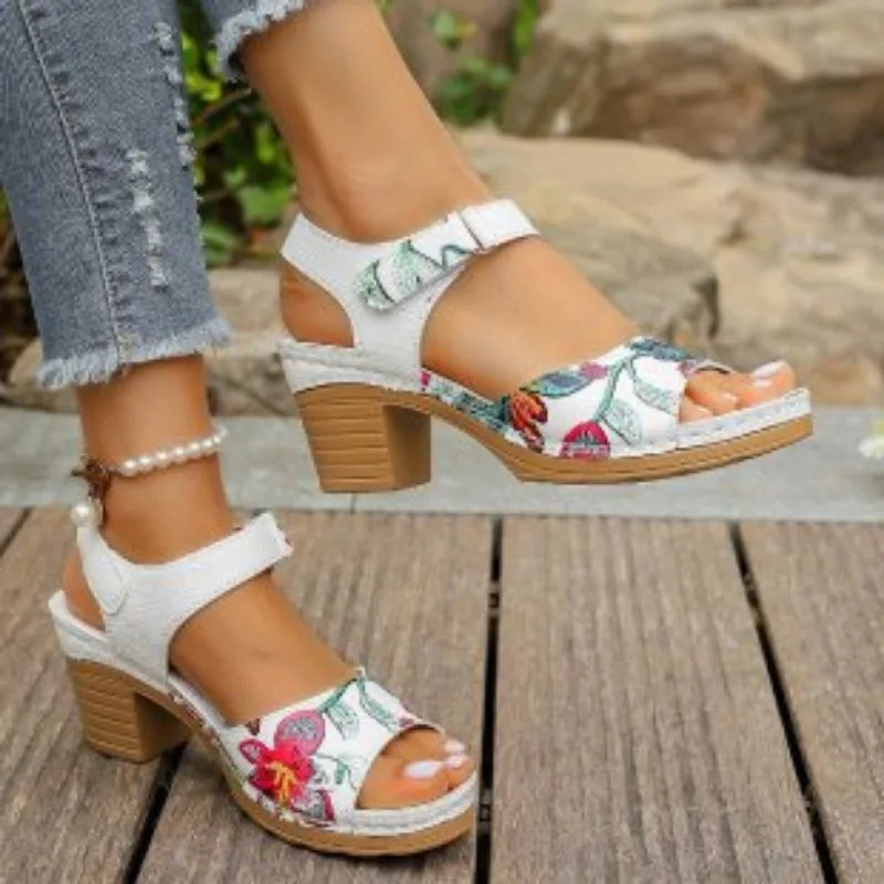 Women's Peep Toe High Heel Sandals Summer Gladiator Shoes Chunky Heel Platform Women's Sandals Flower Ladies Heeled Shoes