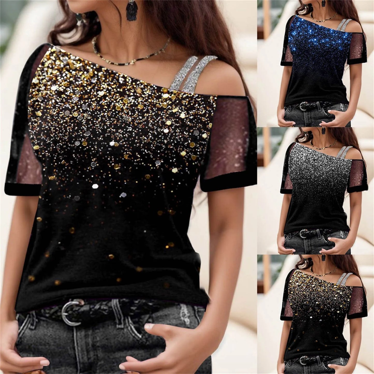 Women Fashion Top Shirt Off Shoulder Top Sexy Glitter Short Sleeve Printed Elegant Shirt Loose Blouse Top Sleeve T Shirt