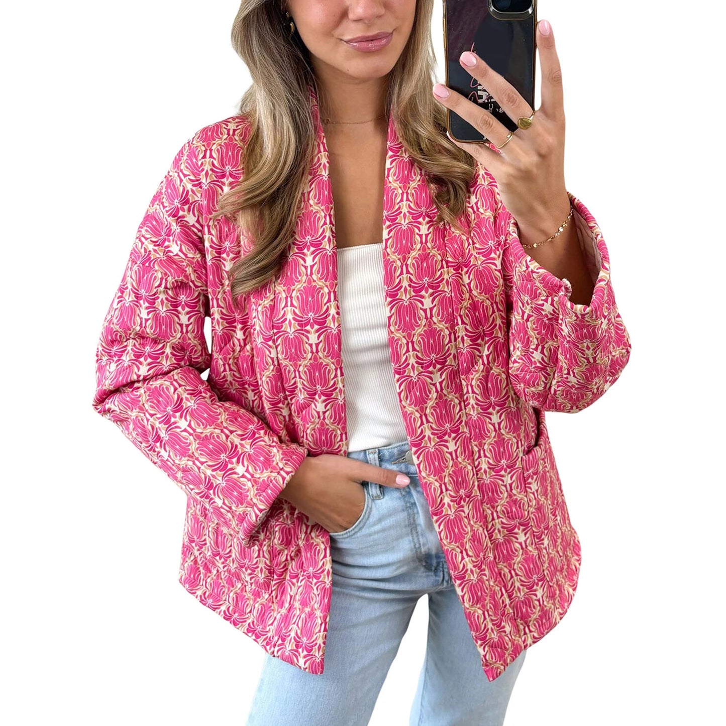 Ladies Retro Floral Print Hooded  Jacket Warm Winter Quilted Coat with Zipper Closure and Pockets