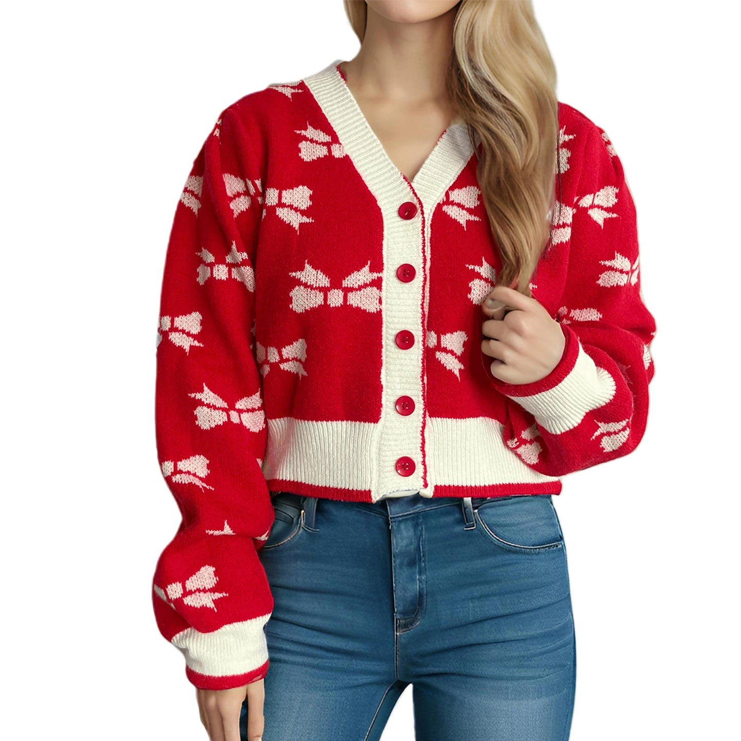 Women s V-Neck Button Up Cardigan with Long Puff Sleeves and Bow Print Detail - Cozy Knit Sweater