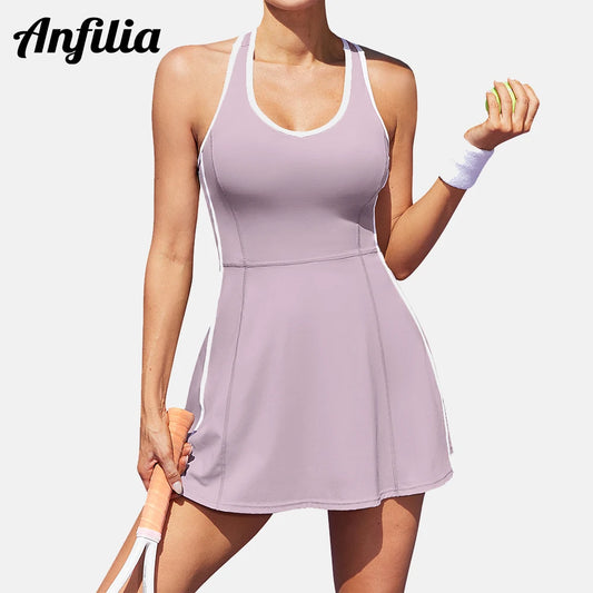 One-piece Tennis Dress V Neck Racerback Built in Bra with Inner Separate Shorts  and Pockets Sleeveless Sports Dress