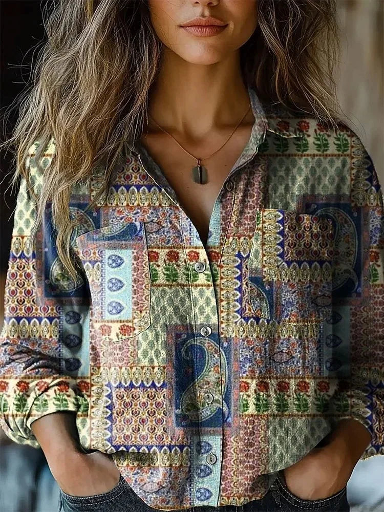 European Style  Women Long Sleeve Basic Shirts New Casual Beach Tops Blouse Ladies Bohemian Flower Print shirt