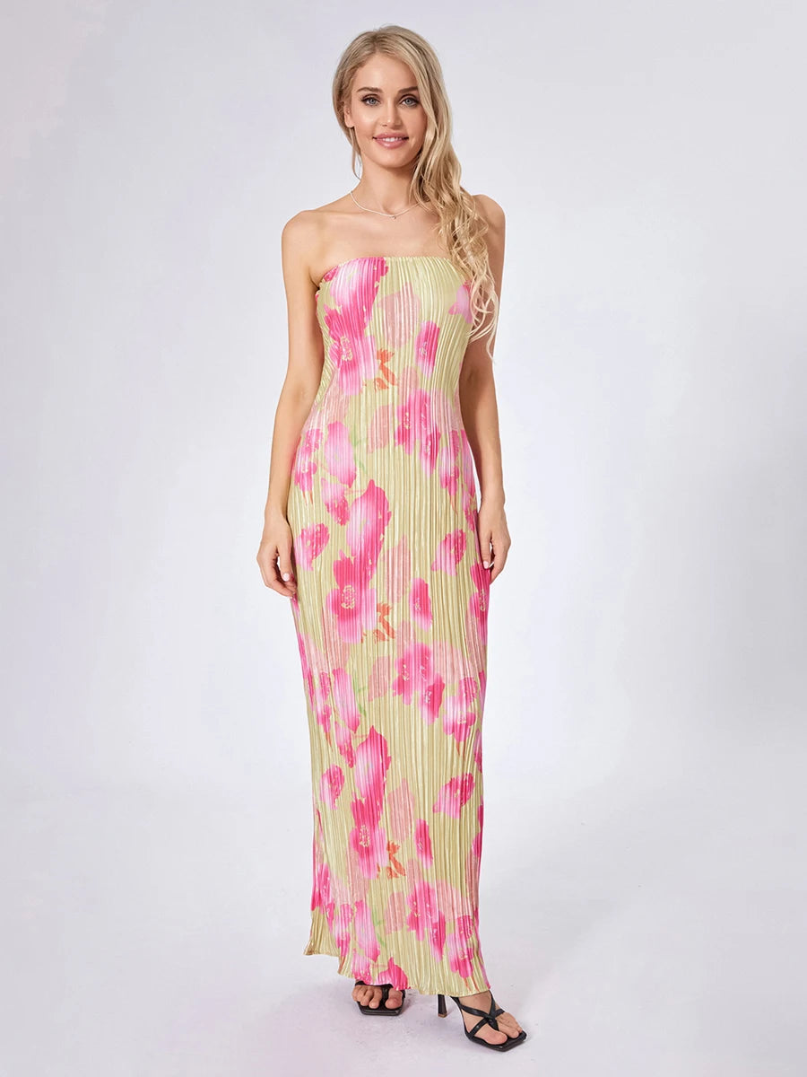 Floral Print Maxi Dress with Off Shoulder Design and Sleeveless Silhouette