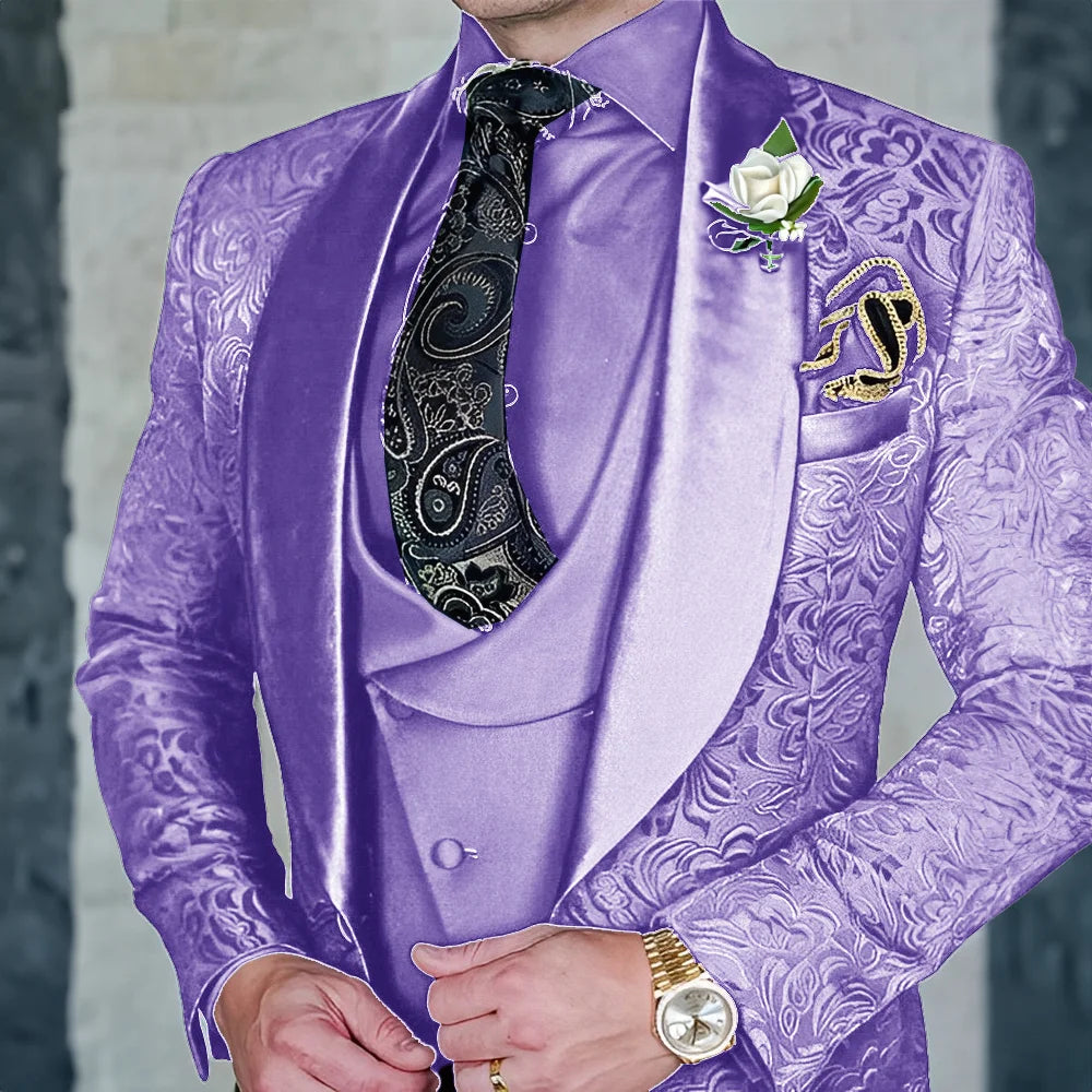 Jacquard Men's 3-piece Suit Set Formal Party Dress Groom's Tuxedo High Quality Elegant Men's Customized Outfit