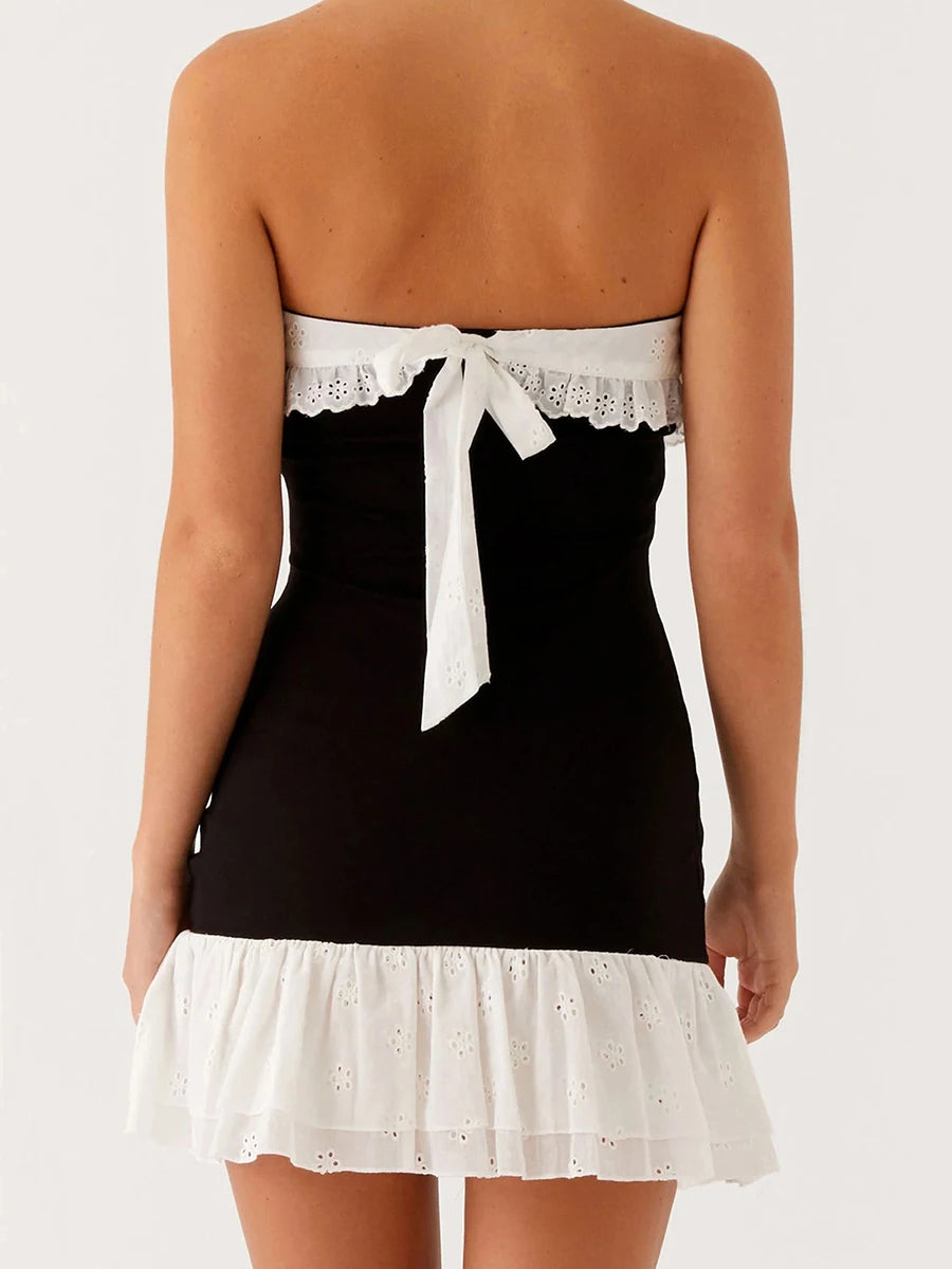 Elegant Off-Shoulder Lace Floral Bodycon Dress Sleeveless Hollow Out  Fit Cocktail Party Tube Dress Clubwear for Women